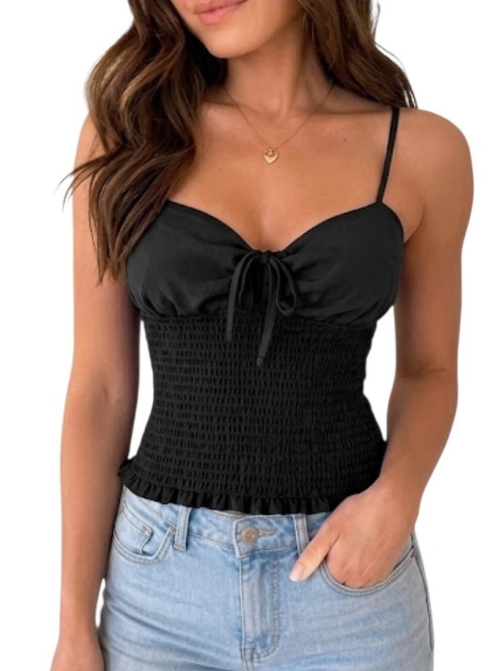 Aritzia Wilfred Black Smocked Cami Top Tie Front Spaghetti Strap